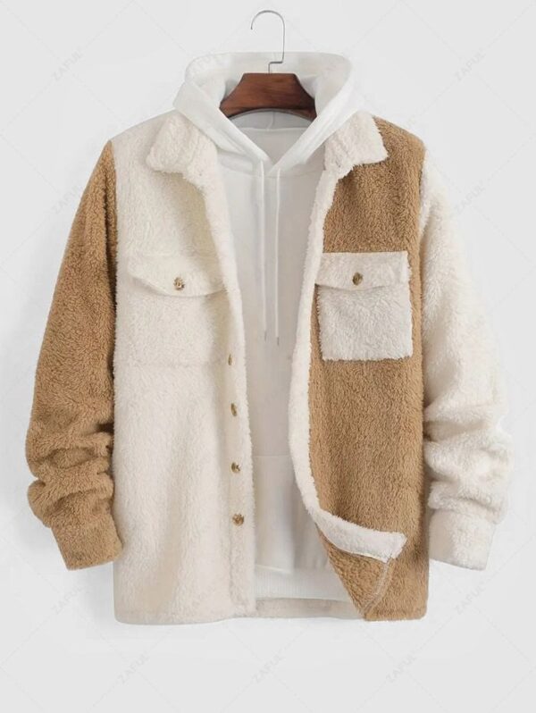 fancy Men's Colorblock Contract Color Fluffy Fleece Front Double Pocket Button Jacket - COFFEE L