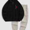 womens Men's Rose Japanese Embroidered Quarter Zip Stand Collar Fuzzy Fleece Pullover Sweatshirt and Jogger Cargo Pants Set - BLACK ONE SIZE