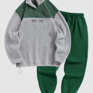 lady Men's Two Tone Colorblock NEW YORK Embroidered Quarter Zip Fuzzy Fleece Stand Collar Pullover Sweatshirt and Thermal Fleece-lined Casual Sweatpants Set - DEEP GREEN ONE SIZE