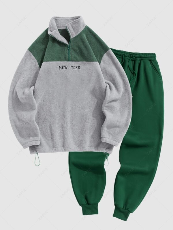 lady Men's Two Tone Colorblock NEW YORK Embroidered Quarter Zip Fuzzy Fleece Stand Collar Pullover Sweatshirt and Thermal Fleece-lined Casual Sweatpants Set - DEEP GREEN ONE SIZE