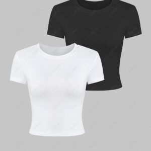 outfit Women's 2Pcs Crew Neck Solid Color Basic Plain Slim Crop Baby Short Sleeves T-shirt - MULTI M