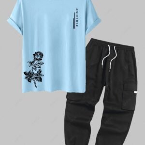 new Men's Letter Floral Rose Graphic Printed Short Sleeves T-shirt and Streetwear Casual Techwear Jogger Cargo Pants Set - LIGHT BLUE ONE SIZE