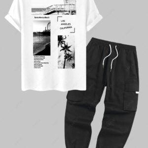 outfit Men's LOS ANGELES CALIFORNIA Letter Pictures Graphic Printed Short Sleeves T-shirt and Streetwear Casual Techwear Jogger Cargo Pants Set - WHITE ONE SIZE