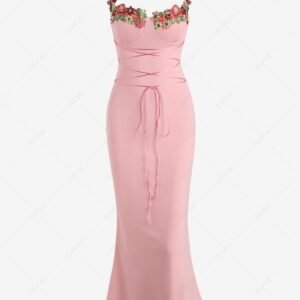 women Women's Sexy Eleglant Floral Embroidered Patched Cupped Bustier Design Lace Up Mermaid Midi Dress - LIGHT PINK XL