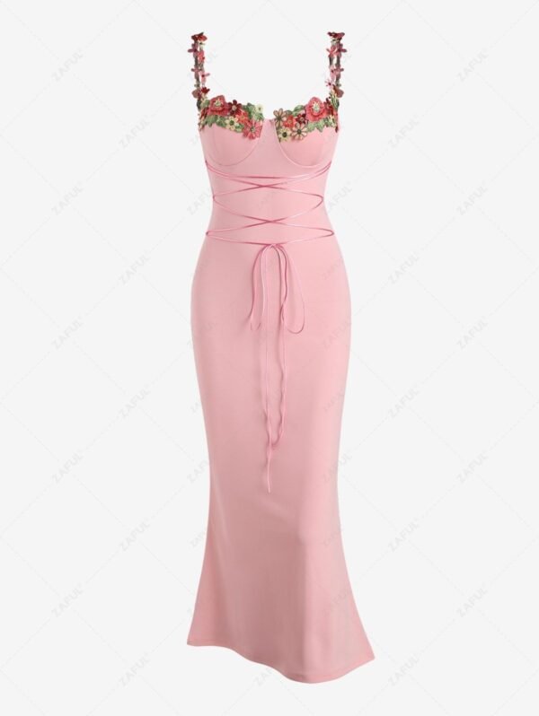 women Women's Sexy Eleglant Floral Embroidered Patched Cupped Bustier Design Lace Up Mermaid Midi Dress - LIGHT PINK XL