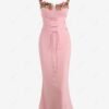 women Women's Sexy Eleglant Floral Embroidered Patched Cupped Bustier Design Lace Up Mermaid Midi Dress - LIGHT PINK XL