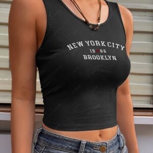 outfit Women's NEW YORK BROOKLYN Letter Graphic Printed Ribbed Crew Neck Sporty Slim Crop Baby Tank Top - BLACK M