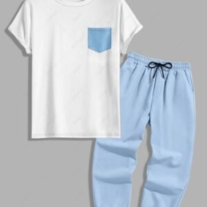 trendy Men's Colorblock Contrast Stitching Front Pocket Design Short Sleeves T-shirt and Drawstring Pocket Jogger Pants Set - LIGHT BLUE ONE SIZE