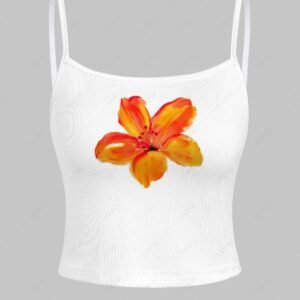 fashion Women's Floral Printed Ribbed Knit Spaghetti Strap Cami Tank Top - WHITE M