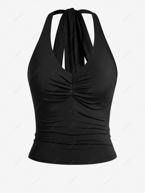 sale Women's Sexy Solid Color Ruched Open Back Halter Tied Tank Top - BLACK ONE SIZE