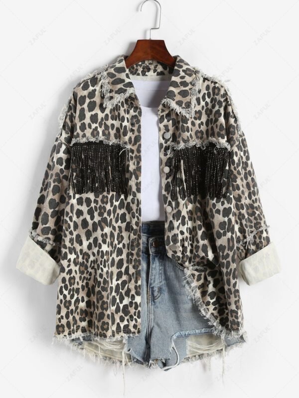 ladies Women's Rhinestone Tassels Frayed Leopard Print High Low Denim Jacket - LIGHT COFFEE XL