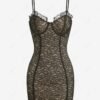 fancy Women's Sexy Lace Overlay Eyelash Edge Underwire Spaghetti Straps Cami Mini Slinky Dress - BLACK M