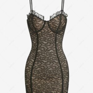 fancy Women's Sexy Lace Overlay Eyelash Edge Underwire Spaghetti Straps Cami Mini Slinky Dress - BLACK M