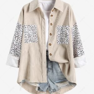 trendy Women's Casual High Low Leopard Print Spliced Front Pockets Design Button Up Long Sleeves Corduroy Shacket - APRICOT L