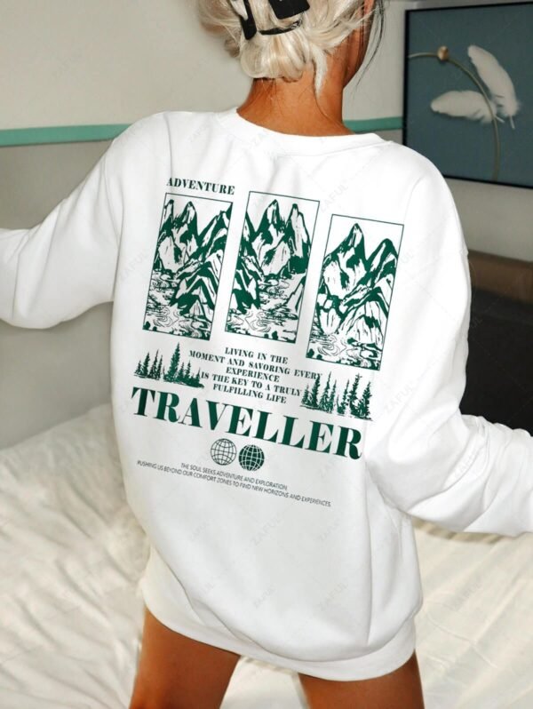 shops Women's Mountain TRAVELLER Letter Graphic Printed Crew Neck Pullover Sweatshirt - WHITE L