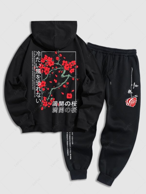 sale Men's Japanese Letter Plum Blossoms Pattern Kangaroo Pocket Pullover Hoodie And Rose Print Slogan Drawstring Thermal Fleece Lined Jogger Pants Set - BLACK ONE SIZE