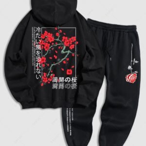 sale Men's Japanese Letter Plum Blossoms Pattern Kangaroo Pocket Pullover Hoodie And Rose Print Slogan Drawstring Thermal Fleece Lined Jogger Pants Set - BLACK ONE SIZE