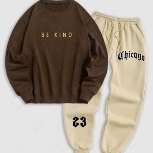 shop Men's Letter Printed Crew Neck Pullover Sweatshirt And Fleece-lined Ribbed Beam Feet Drawstring Jogger Pants Set - COFFEE ONE SIZE