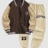 outfits Men's Two Tone Colorblock Smile Face Embroidered Fluffy Faux Fur Baseball Jacket And Letter Printed Fleece-lined Ribbed Beam Feet Drawstring Jogger Pants Set - COFFEE ONE SIZE