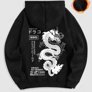 buy Men's Chinese Characters Dragon Japanese Letter Number Graphic Pattern Fuzzy Fleece-lined Kangaroo Pocket Design Pullover Hoodie - BLACK M