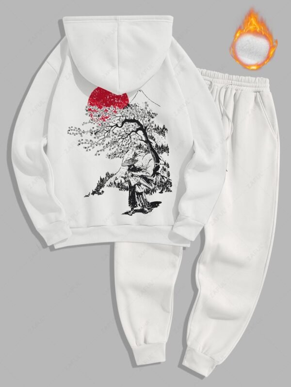 lady Men's Japanese Sakura Tree Figure Sun Pattern Fuzzy Fleece-lined Kangaroo Pocket Design Pullover Hoodie And Drawstring Jogger Sweatpants Set - WHITE L