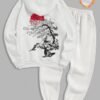 lady Men's Japanese Sakura Tree Figure Sun Pattern Fuzzy Fleece-lined Kangaroo Pocket Design Pullover Hoodie And Drawstring Jogger Sweatpants Set - WHITE L