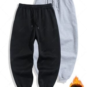 shop Men's Minimalist Style Solid Color Fuzzy Fleece-lined Drawstring Jogger Sweatpants(2PCS Set) - BLACK 2XL