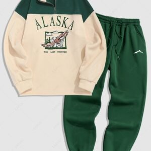 latest Men's ALASKA Graphic Eagle Printed Colorblock Fleece Quarter Zip Sweatshirt And Mountain Pattern Drawstring Jogger Sweatpants Set - GREEN ONE SIZE