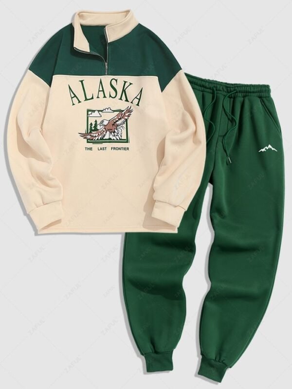 latest Men's ALASKA Graphic Eagle Printed Colorblock Fleece Quarter Zip Sweatshirt And Mountain Pattern Drawstring Jogger Sweatpants Set - GREEN ONE SIZE