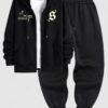 fashion Men's Gothic Style Los Angeles Letter Cross Graphic Pattern Fuzzy Fleece-lined Zip Up Hoodie And Casual Sweatpants Set - BLACK ONE SIZE