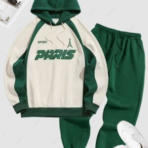 outfits Men's Contrast Piping Letter Tower Pattern Fuzzy Fleece-lined Pullover Hoodie And Drawstring Sweatpants Set - DEEP GREEN ONE SIZE