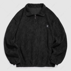 fancy Men's Striped Patch Design Quarter Zip Stand Collar Corduroy Sweatshirt - BLACK XL