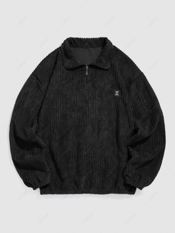 fancy Men's Striped Patch Design Quarter Zip Stand Collar Corduroy Sweatshirt - BLACK XL