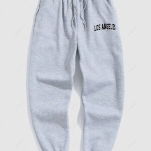 outfit Men's Minimalist Style Letter LOS ANGELES Pattern Fuzzy Fleece-lined Drawstring Jogger Sweatpants - GRAY S