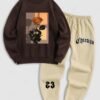 hot Men's Floral Rose Graphic Printed Fuzzy Fleece-lined Crew Neck Pullover Sweatshirt And Letter Print Ribbed Beam Feet Drawstring Jogger Pants Set - DEEP COFFEE ONE SIZE