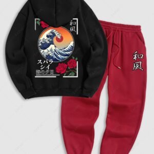 chic Men's Japanese Sea Wave Sun Rose Pattern Fuzzy Fleece-lined Kangaroo Pocket Design Pullover Hoodie And Drawstring Jogger Sweatpants Set - BLACK ONE SIZE