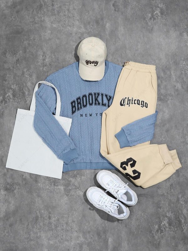 latest Men's Casual Letter Graphic Printed Cable Knit Jacquard Textured Crew Neck Long Sleeve Sweater And Fleece-lined Ribbed Beam Feet Drawstring Jogger Pants Set - BLUE GRAY ONE SIZE