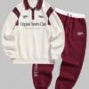 unique Men's Colorblock Letter Number Graphic Embroidered Fuzzy Fleece-lined Half Buttoned Long Sleeve Polo Collar Pullover Sweatshirt And Drawstring Jogger Pants Set - DEEP RED ONE SIZE