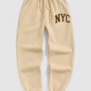 women Men's Casual Letter NYC Pattern Fuzzy Fleece-lined Drawstring Jogger Sweatpants - LIGHT COFFEE XL