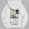 fancy Men's Japanese Ocean Wave Chinese Character Printed Fuzzy Fleece-lined Kangaroo Pocket Design Pullover Hoodie - WHITE M