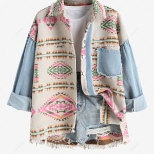 women's Women's Ethnic Aztec Print Spliced Demin Frayed Hem Single Breasted Wool Blend Jacket - LIGHT COFFEE M