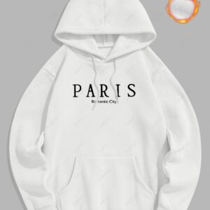 trendy Men's Casual Letter PARIS Romantic City Pattern Fuzzy Fleece-lined Kangaroo Pocket Design Pullover Hoodie - WHITE M