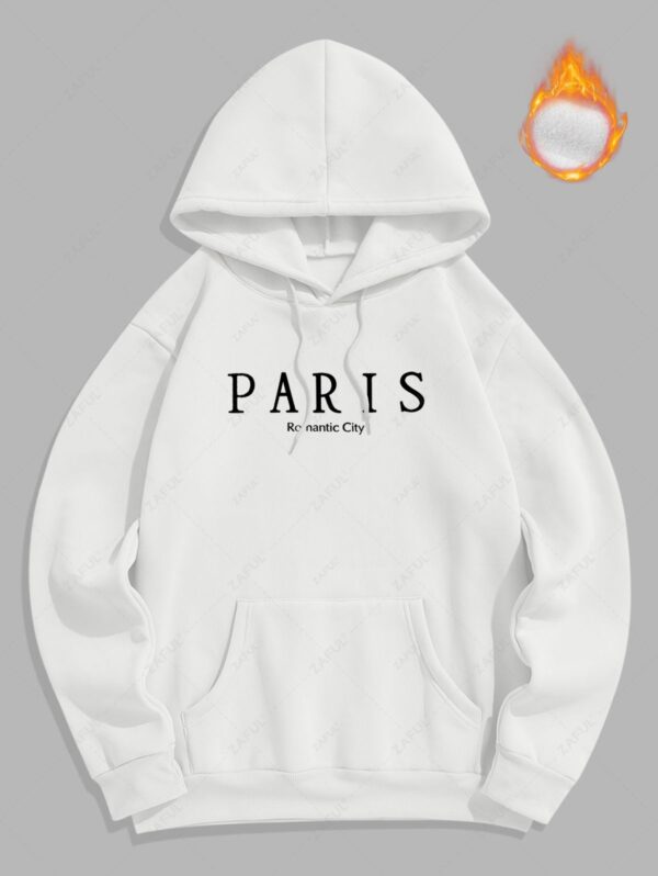 trendy Men's Casual Letter PARIS Romantic City Pattern Fuzzy Fleece-lined Kangaroo Pocket Design Pullover Hoodie - WHITE M
