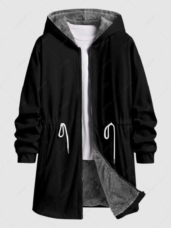 outfits Men's Casual Solid Color Drawstring Waisted Zip Fly Fleece-lined Hooded Long Coat - BLACK S