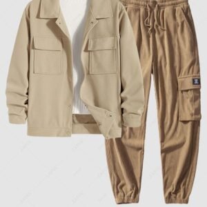 outfits Men's Flap Pocket Button Front Turndown Collar Faux Woolen Jacket And Multi Pockets Patch Design Drawstring Corduroy Cargo Jogger Pants Set - LIGHT COFFEE ONE SIZE