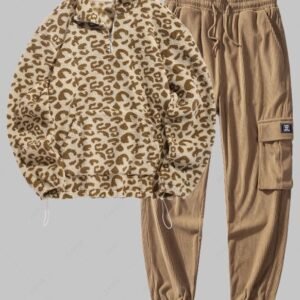 outfit Men's Faux Fluffy Sherpa Fleece Leopard Pattern Half Zip Stand Collar Kangaroo Pocket Pullover Sweatshirt And Patch Design Drawstring Corduroy Cargo Jogger Pants Set - LIGHT COFFEE ONE SIZE