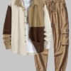 fancy Men's Casual Colorblock Button Up Long Sleeves Corduroy Shirt And Multi Pockets Patch Design Drawstring Cargo Jogger Pants Set - LIGHT COFFEE ONE SIZE