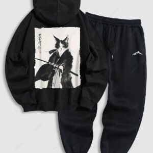 hot Men's Japanese Cat With Samurai Katana Pattern Kangaroo Pocket Pullover Hoodie And Fuzzy Fleece-lined Drawstring Jogger Sweatpants Set - BLACK ONE SIZE