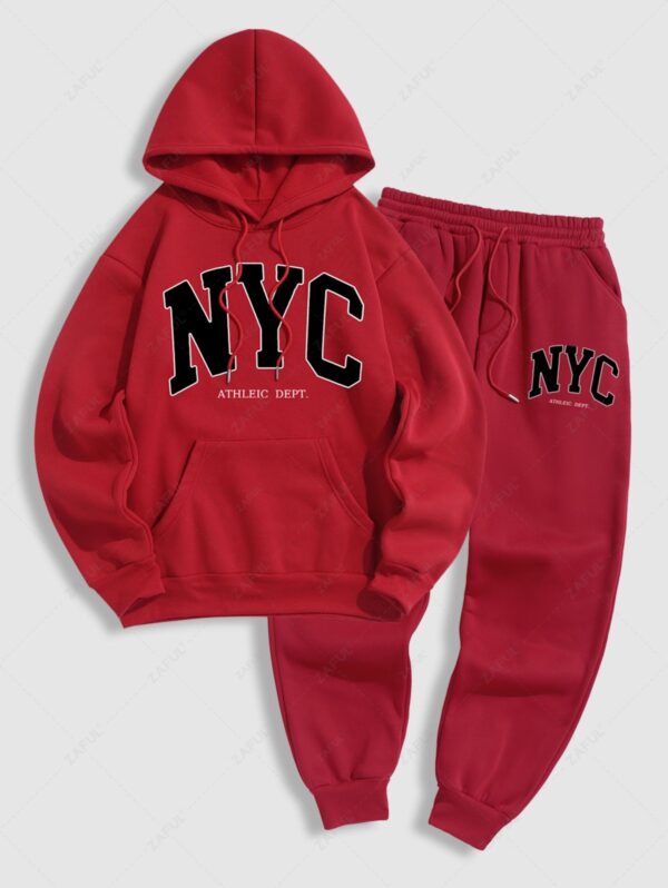 unique Men's Casual Letter NYC Pattern Fuzzy Fleece-lined Kangaroo Pocket Design Pullover Hoodie And Drawstring Jogger Sweatpants Set - RED ONE SIZE