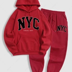 unique Men's Casual Letter NYC Pattern Fuzzy Fleece-lined Kangaroo Pocket Design Pullover Hoodie And Drawstring Jogger Sweatpants Set - RED ONE SIZE